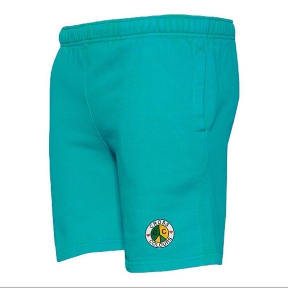 Cross Colours Peace Circle Logo Fleece Shorts in Mint Green Multi - Picture 1 of 7